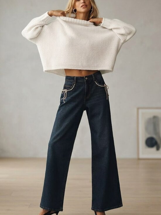 Pilcro Denim - Pilcro Anthropologie Pearl-Embellished Low-Rise Wide-Leg Jeans